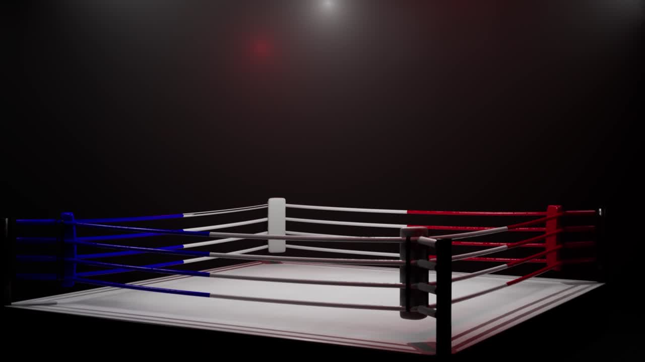 A rendered boxing ring under dramatic red, white and blue lighting