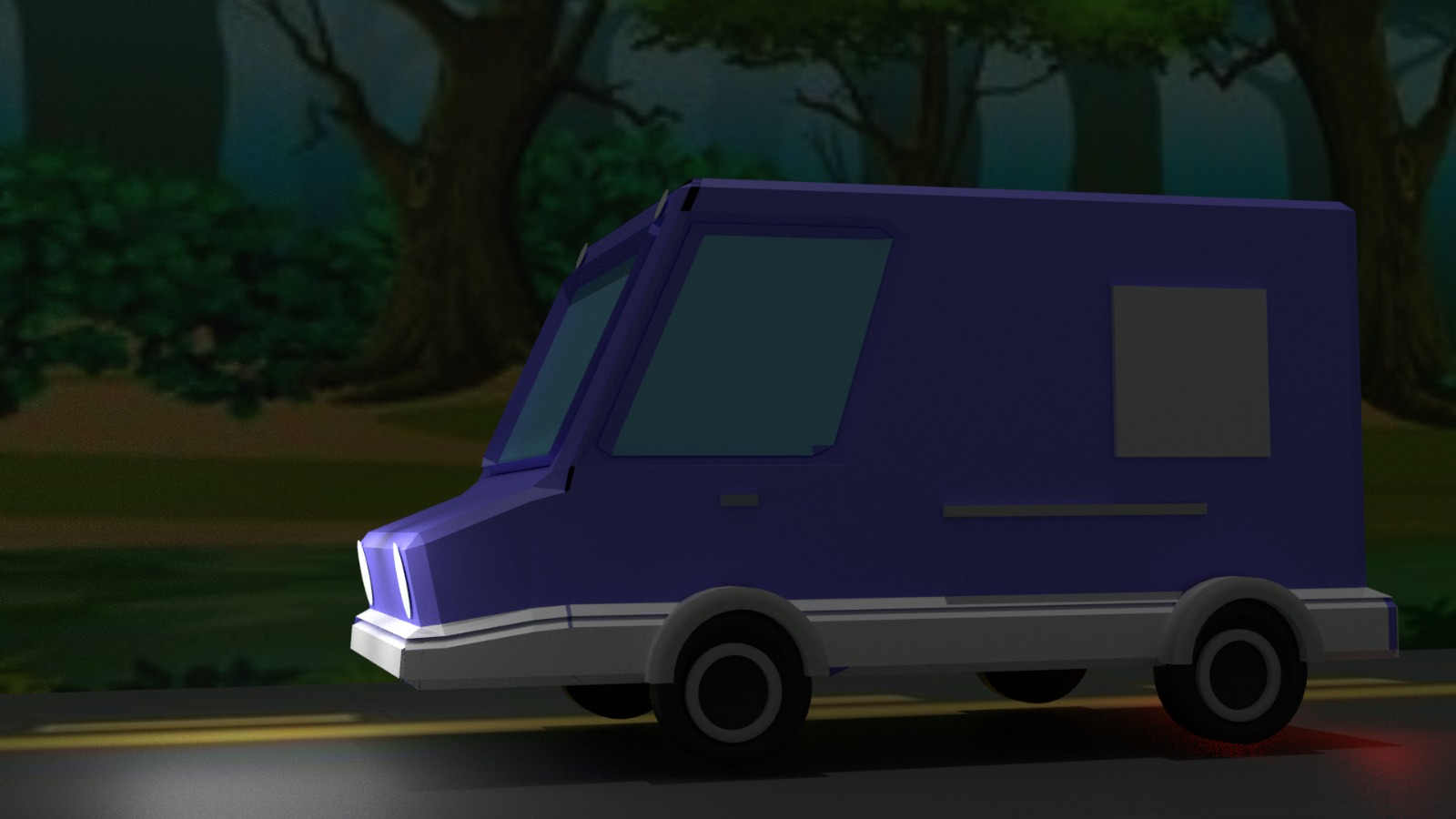 A stylized purple van in a forest environment from Zarar Khan’s render portfolio