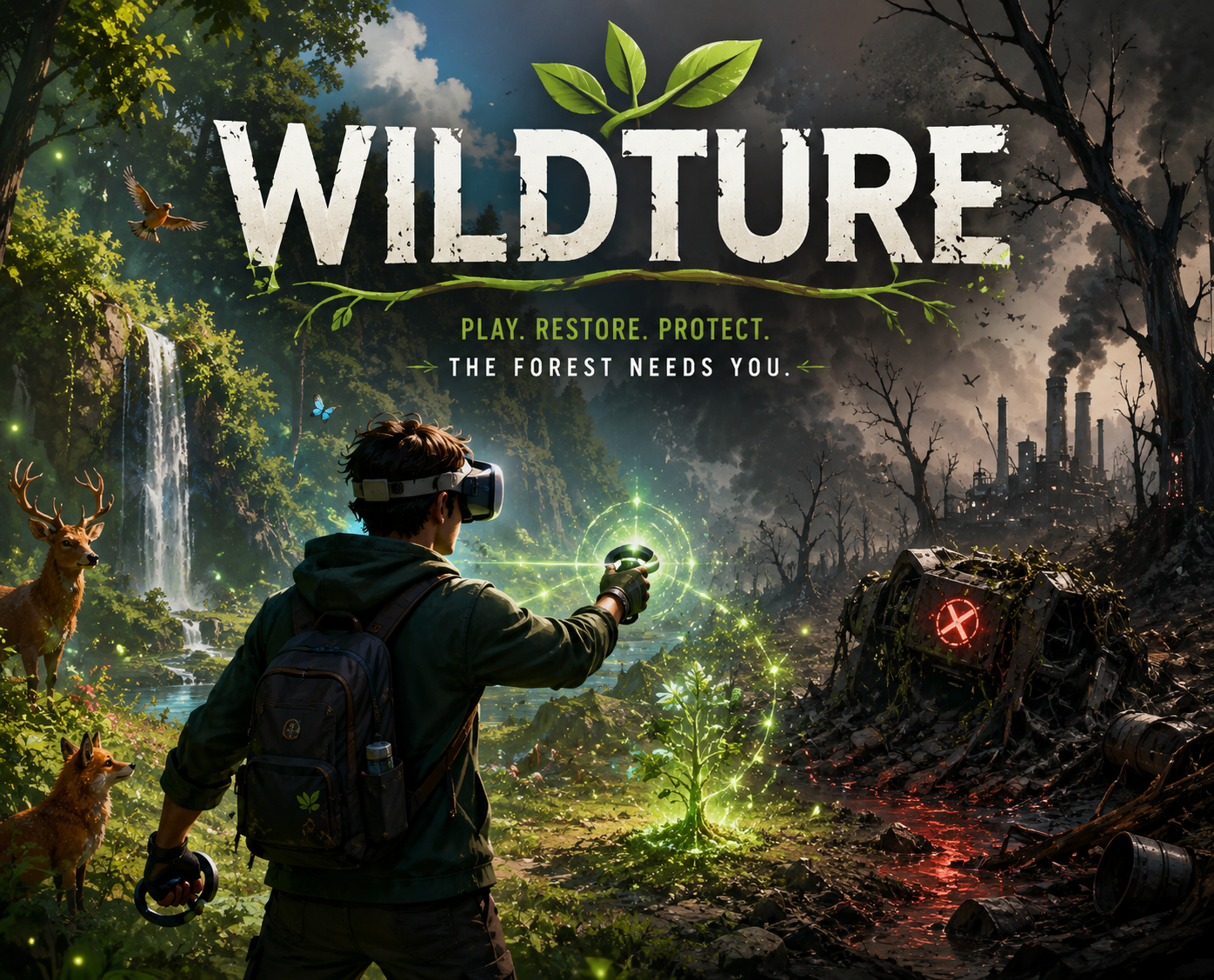 Official Wildture cover art showing a forest divided between restoration and pollution